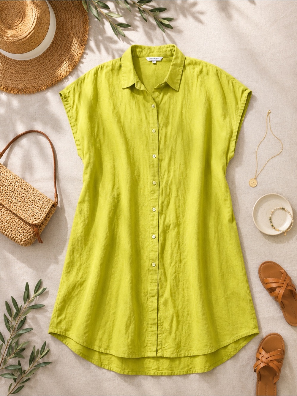 Calligraphie Chartreuse Linen Blend Shirt Dress with Pockets – XL